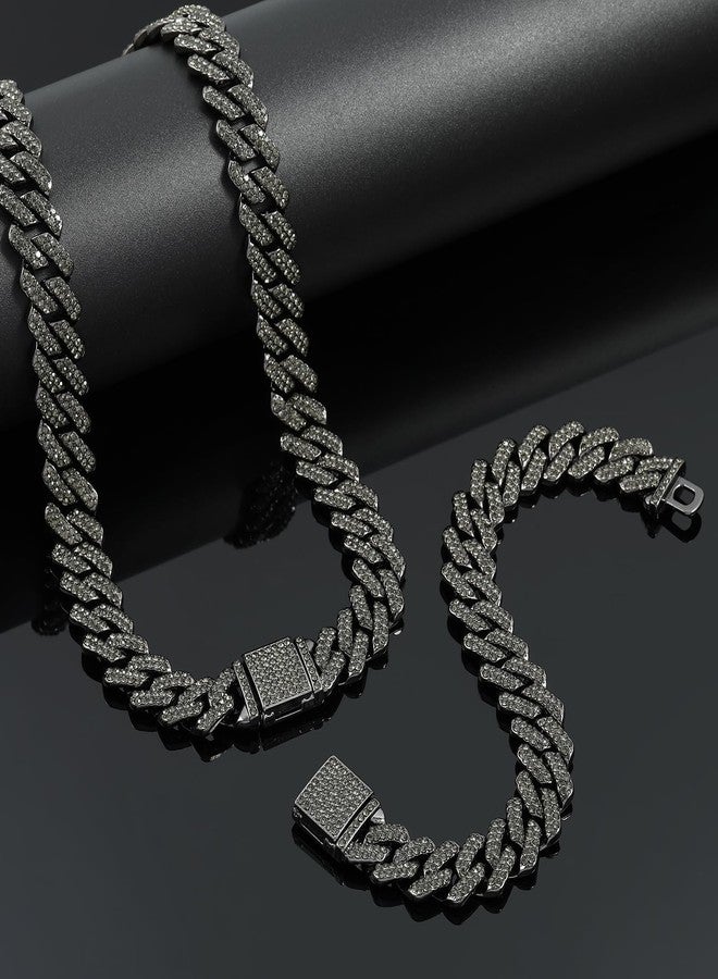 JUNVirtuous 2 Pieces Cuban Link Chain and Bracelet - Iced Out Miami Cuban Hip Hop Jewelry (Black, 8" and 20" Chain) - Image 5